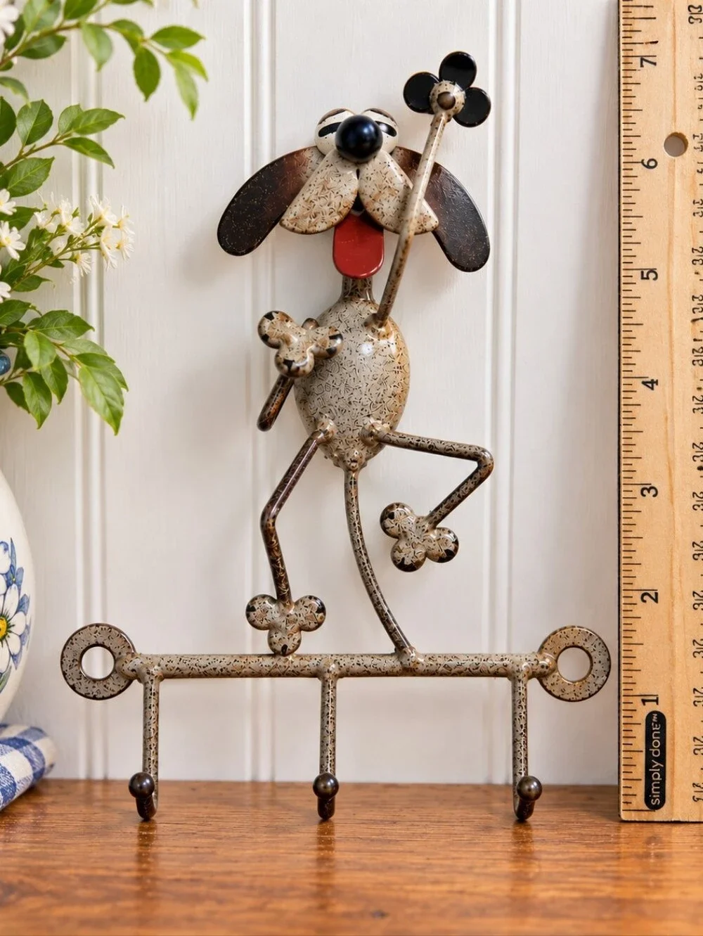 Whimsical Vintage Enamel Dog Wall Rack • 3 Hook • Dog Lover Decor